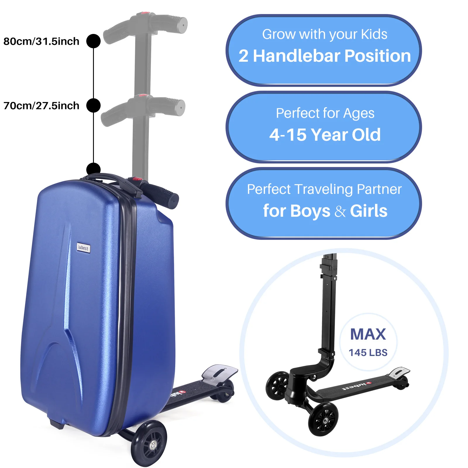 Scooter Suitcase - Rolling Luggage with Built-in Skateboard | Portable Travel Bag with Wheels for Kids