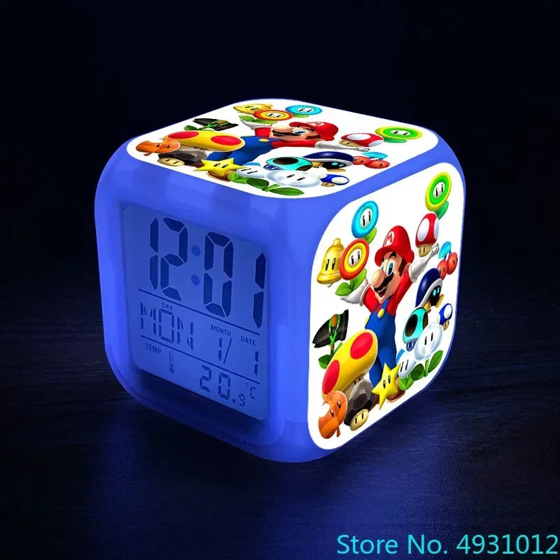 Anime Sonic & Mario Bros Figure Model LED Alarm Clock: 7-Color Touch Light Desk Clock