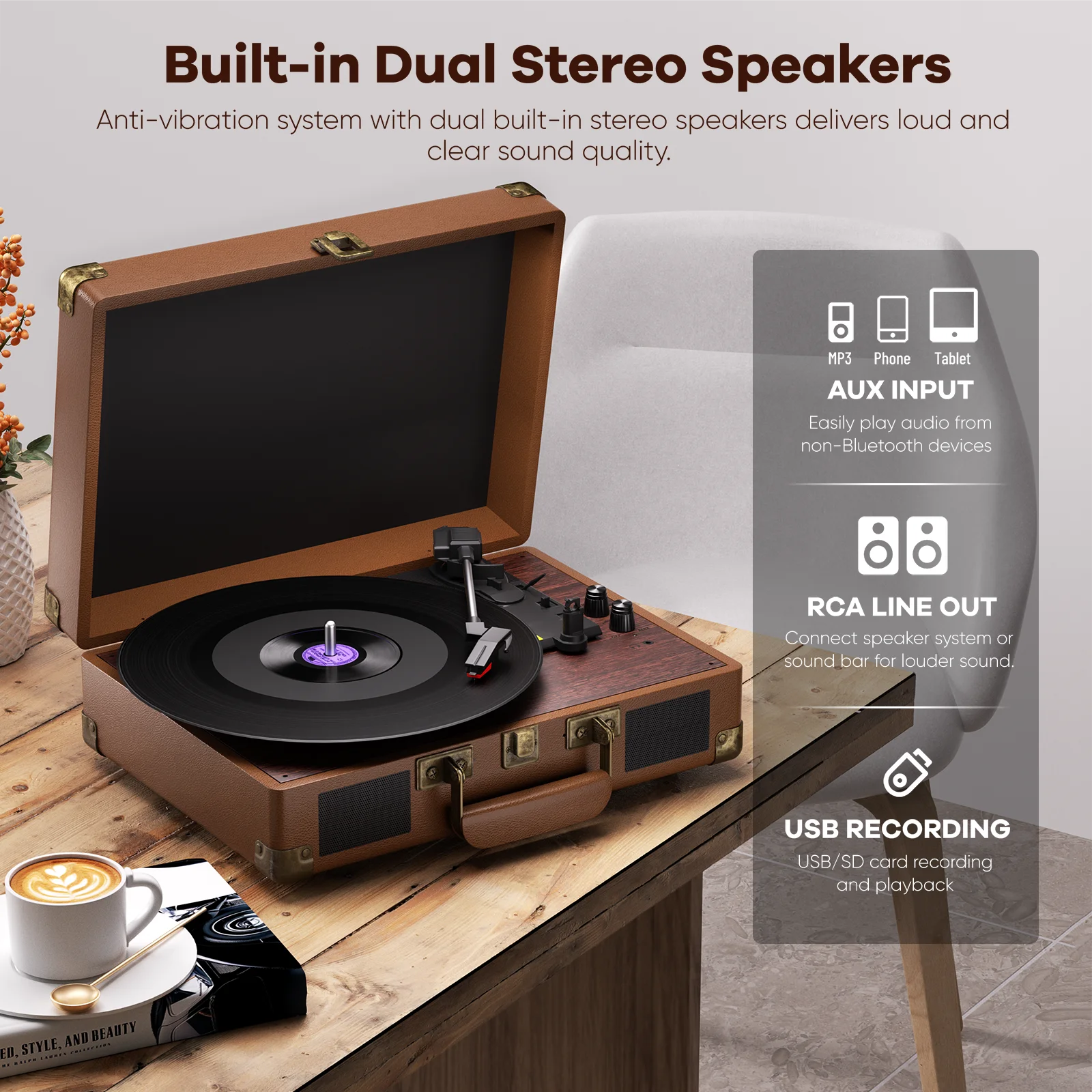Maio Vintage Gramophone: Belt-Driven Turntable with Built-in Speakers