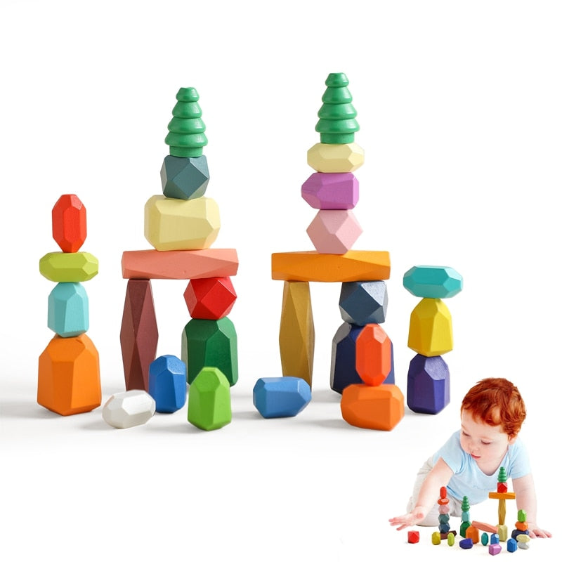 Rainbow Harmony Stacker: Montessori Wooden Building Blocks