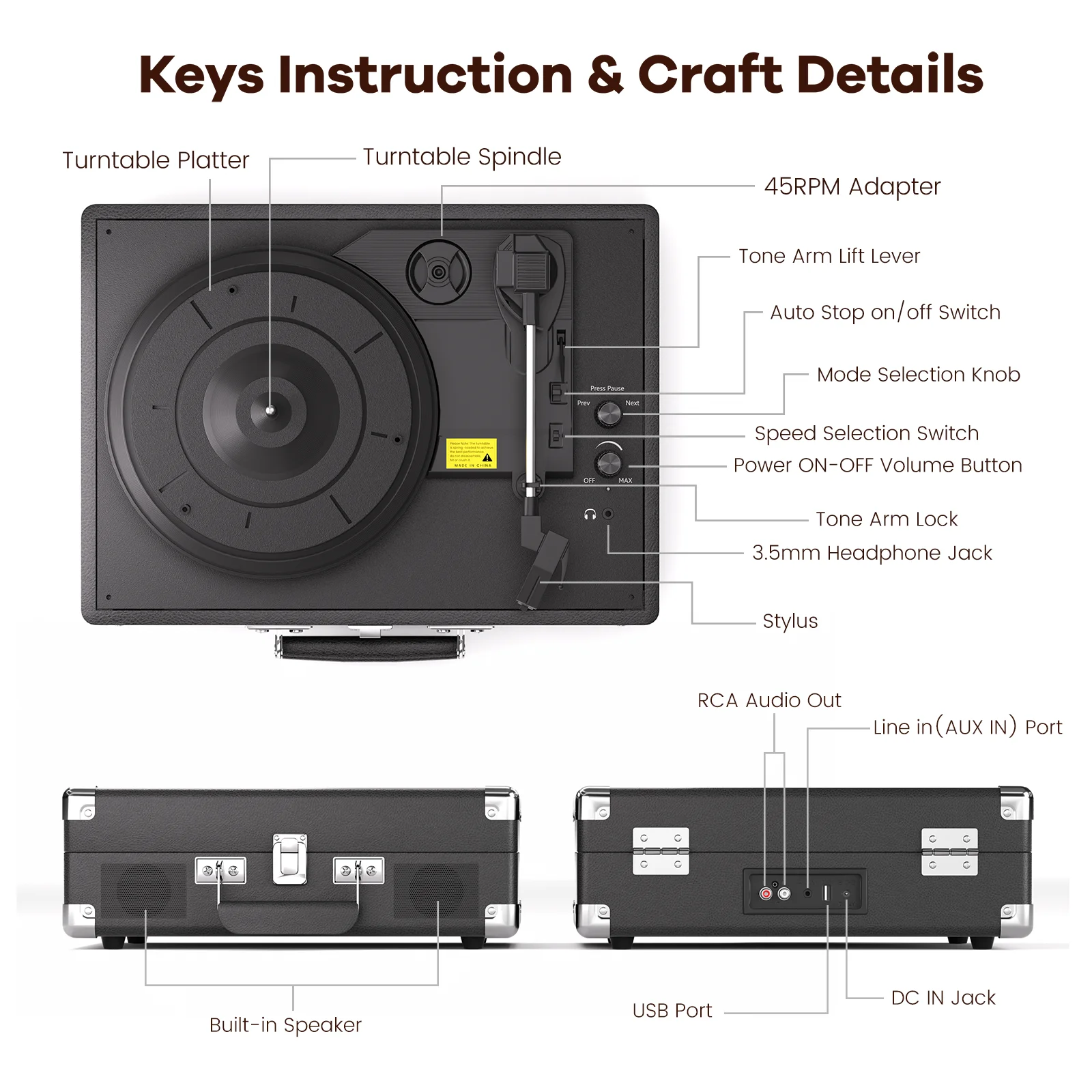 Maio Vintage Gramophone: Belt-Driven Turntable with Built-in Speakers