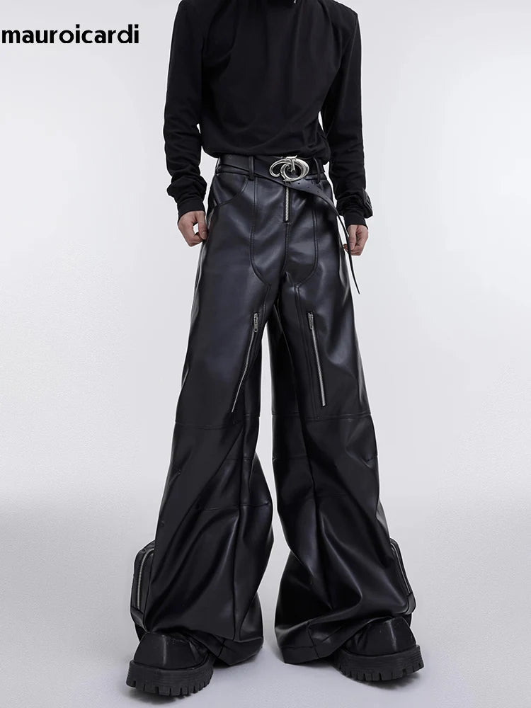 Mauroicardi Autumn Long Black Baggy PU Leather Cargo Pants