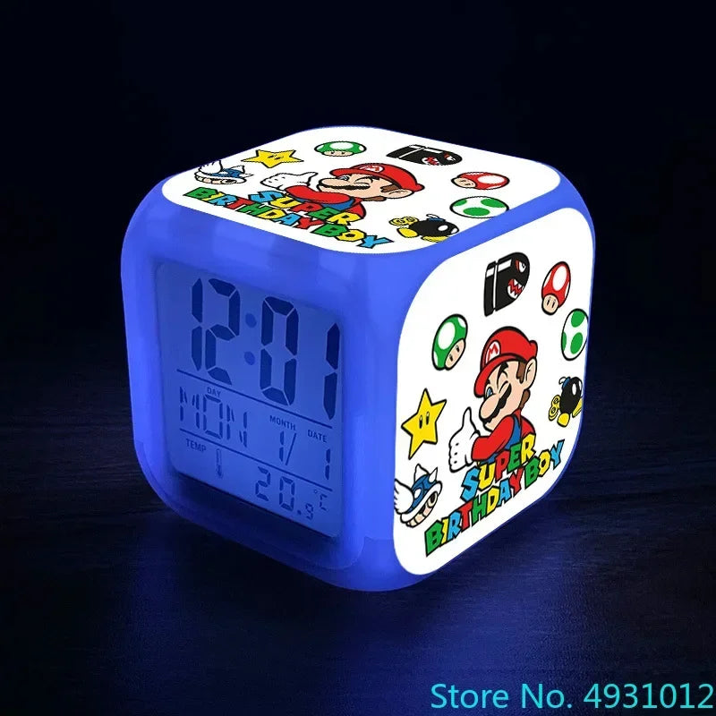 Anime Sonic & Mario Bros Figure Model LED Alarm Clock: 7-Color Touch Light Desk Clock