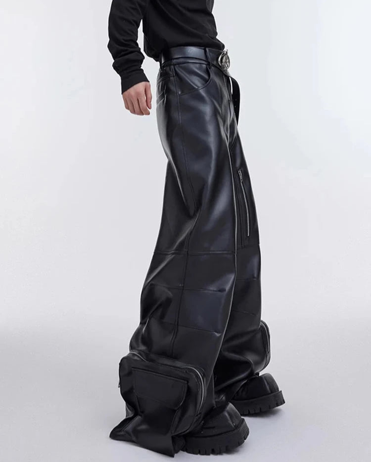 Mauroicardi Autumn Long Black Baggy PU Leather Cargo Pants