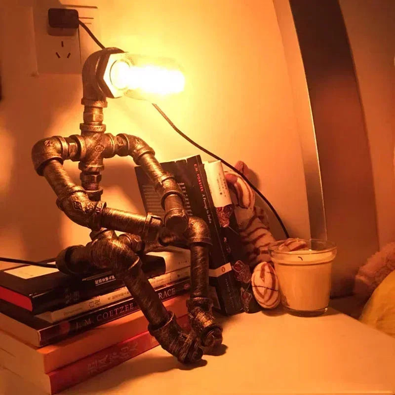 Vintage Steampunk Desk Lamp: Industrial Robot Pipe Light