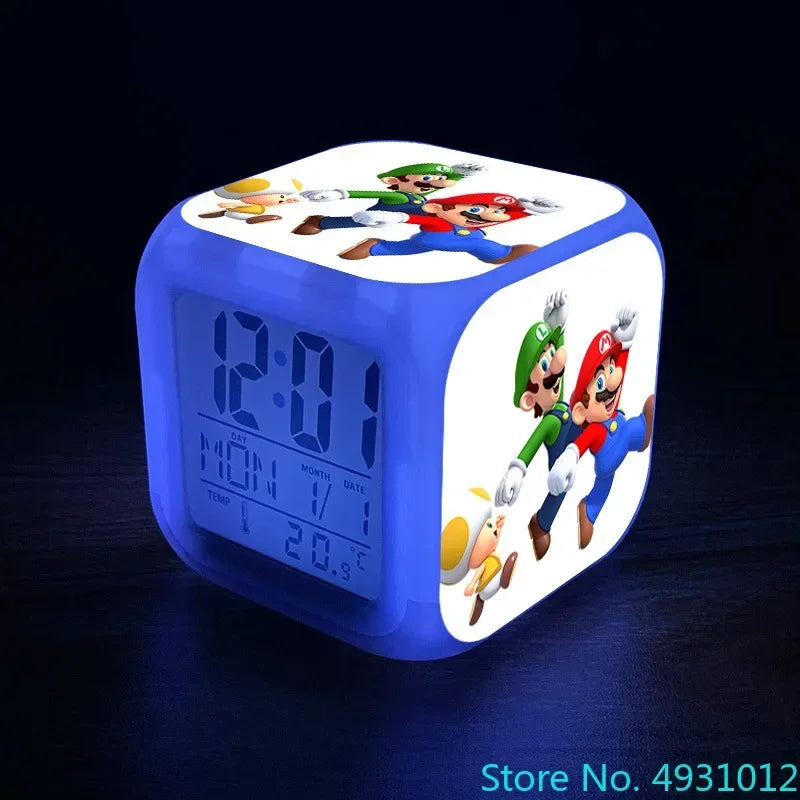 Anime Sonic & Mario Bros Figure Model LED Alarm Clock: 7-Color Touch Light Desk Clock