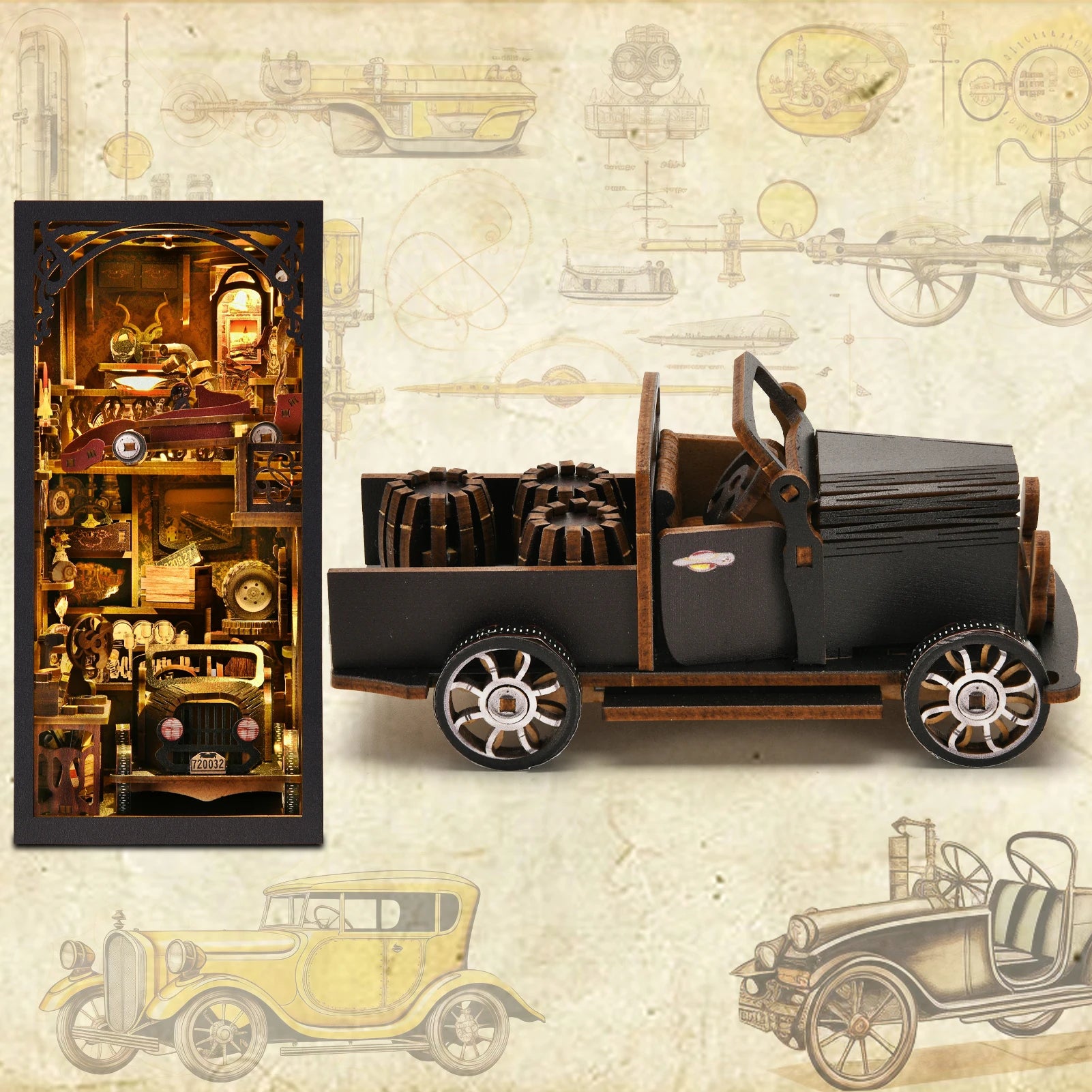 Model Car Wooden DIY 3D Puzzle Book Nook Kit - Vintage Classic Design for Science Experiment and Education