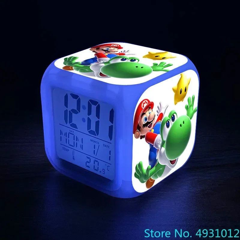 Anime Sonic & Mario Bros Figure Model LED Alarm Clock: 7-Color Touch Light Desk Clock