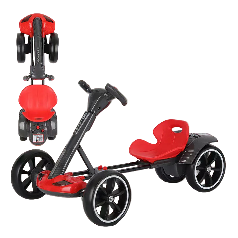 Red and black toy go-kart with a seat on a white background