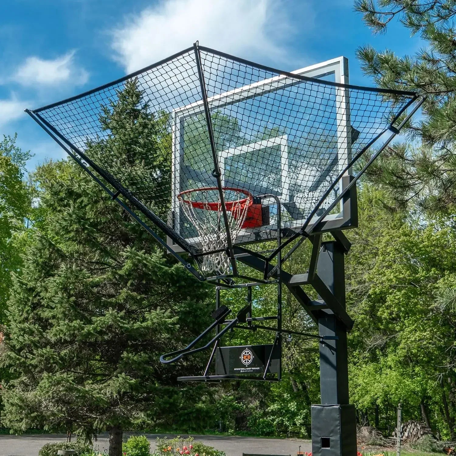 Basketball Rebounder Net Return System With Wall Mounted Hoops