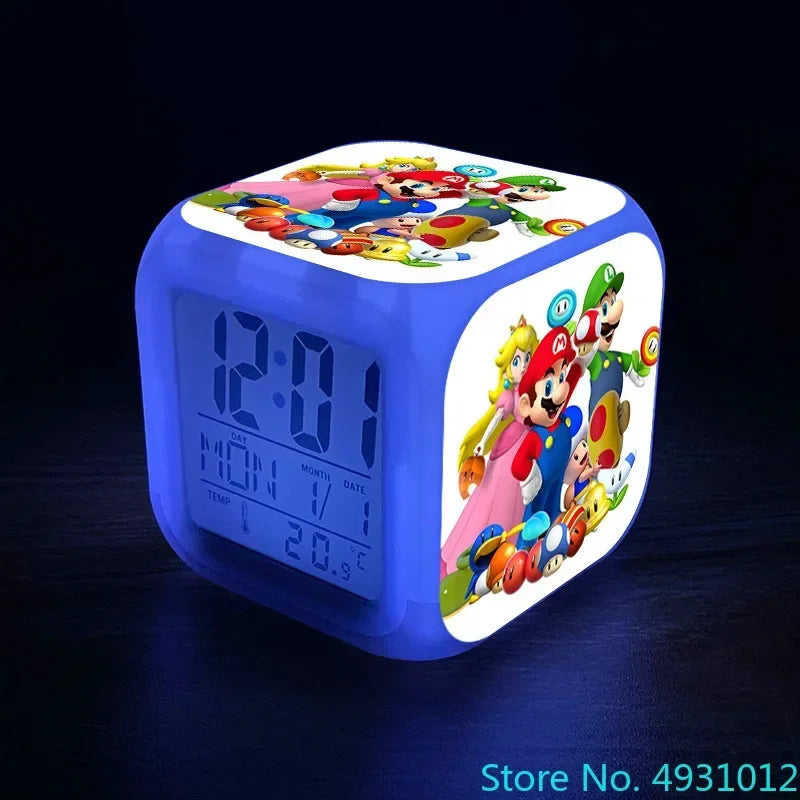 Anime Sonic & Mario Bros Figure Model LED Alarm Clock: 7-Color Touch Light Desk Clock
