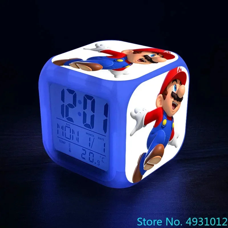 Anime Sonic & Mario Bros Figure Model LED Alarm Clock: 7-Color Touch Light Desk Clock