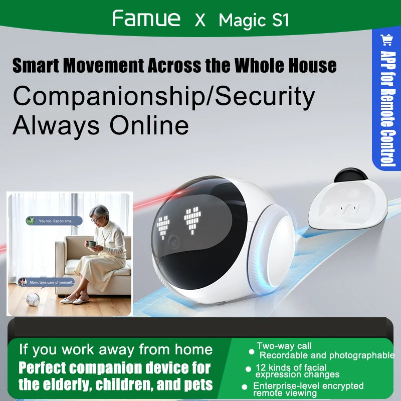 Famue S1 Home Monitoring Robot | APP Control & Two-Way Talk | Care for Elderly/Child & Pet | Photo/Video & Playback UP to 512G