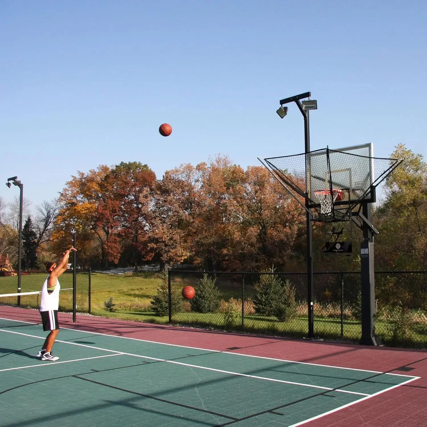 Basketball Rebounder Net Return System With Wall Mounted Hoops