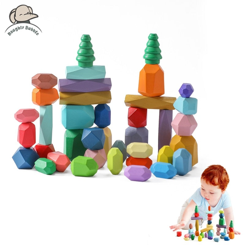 Rainbow Harmony Stacker: Montessori Wooden Building Blocks