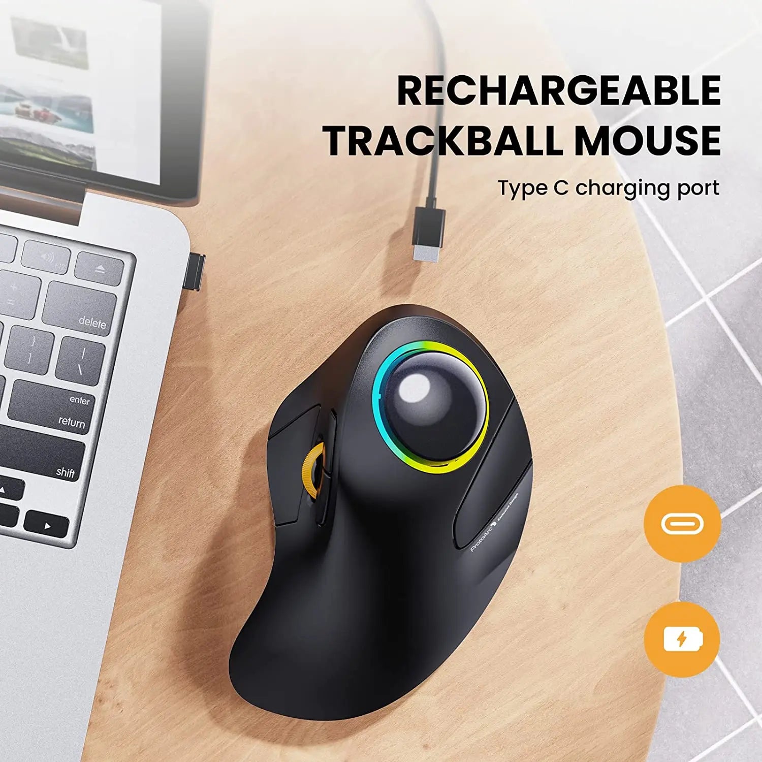 ProtoArc EM03: Wireless Bluetooth Trackball Mouse, Rechargeable Ergonomic RGB Backlit Rollerball Mouse