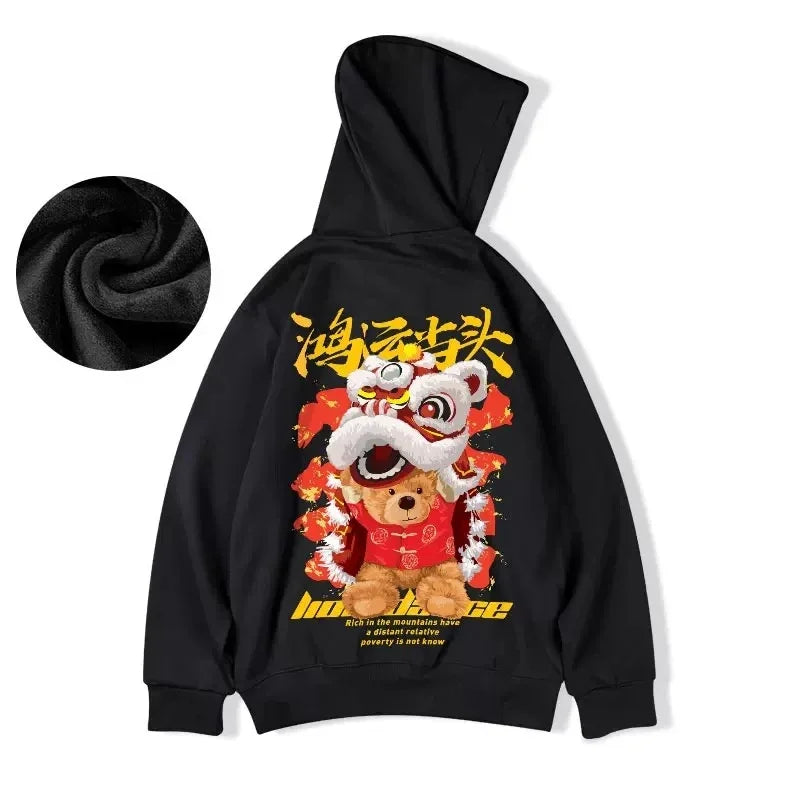 Y2K Lion Dance Fleece Hoodie: Autumn Men's Y2K Hooded Sweatshirt | Lion Dance Bear Graphic | Hip Hop Warm Fleece Hoodie