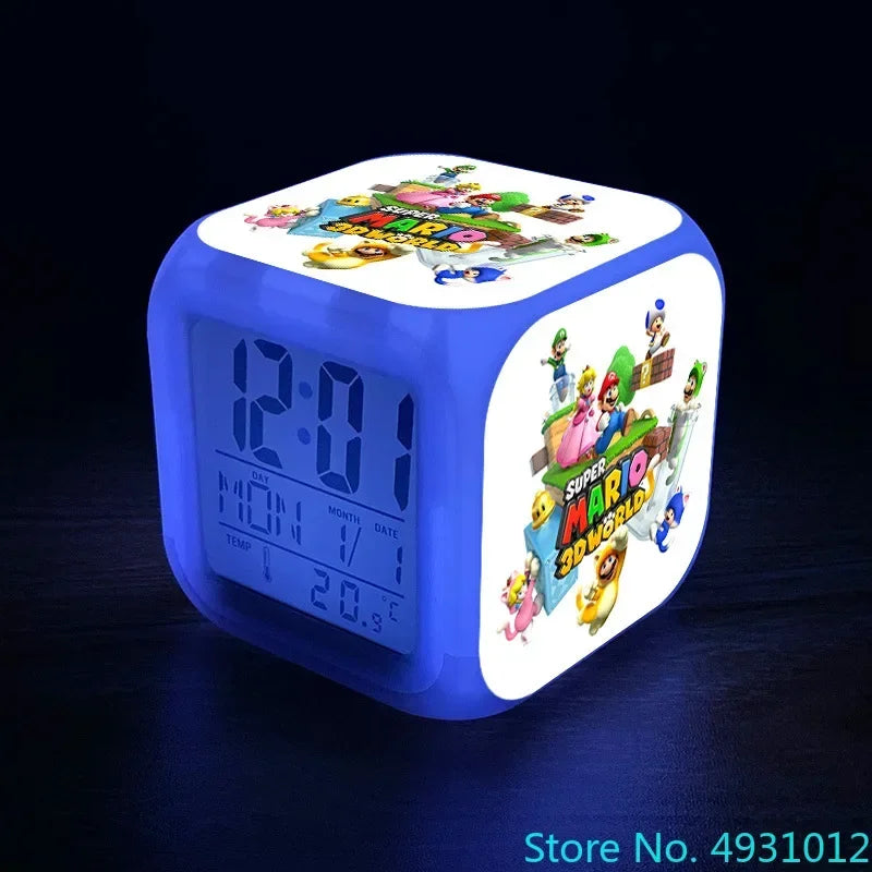 Anime Sonic & Mario Bros Figure Model LED Alarm Clock: 7-Color Touch Light Desk Clock