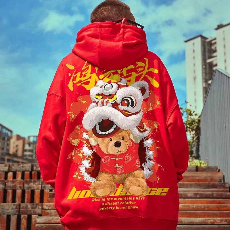 Y2K Lion Dance Fleece Hoodie: Autumn Men's Y2K Hooded Sweatshirt | Lion Dance Bear Graphic | Hip Hop Warm Fleece Hoodie