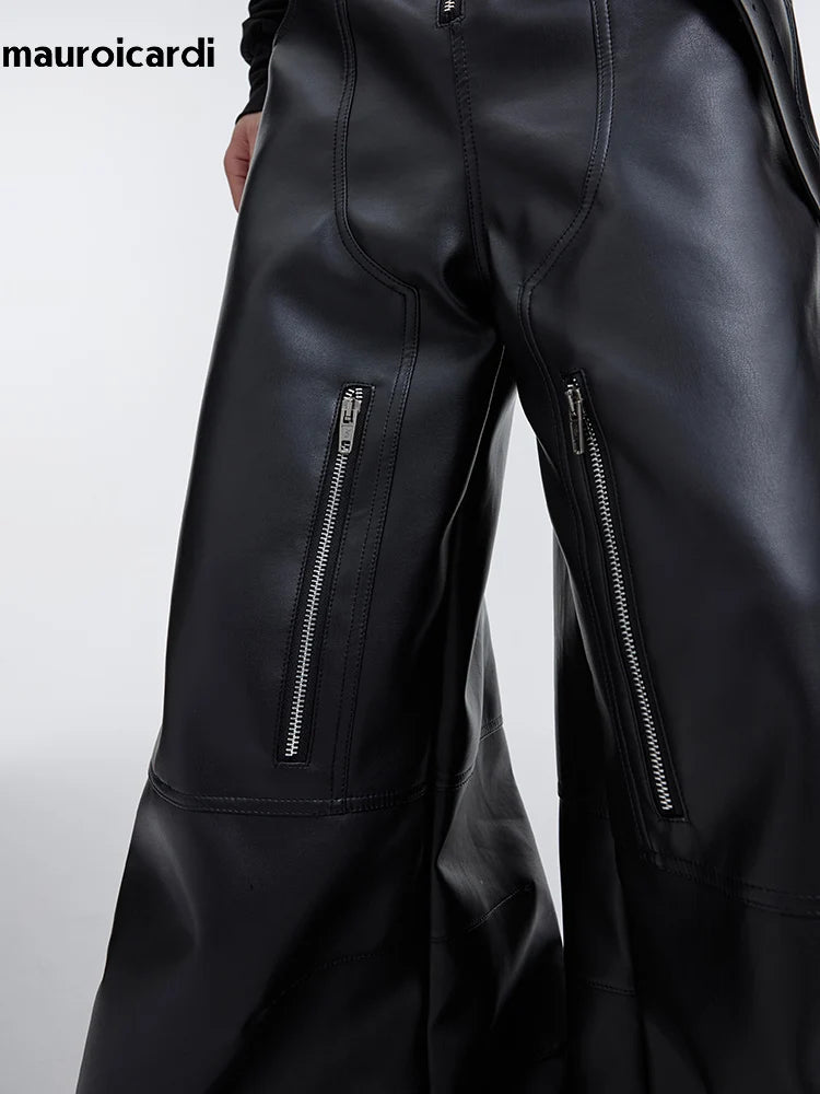 Mauroicardi Autumn Long Black Baggy PU Leather Cargo Pants