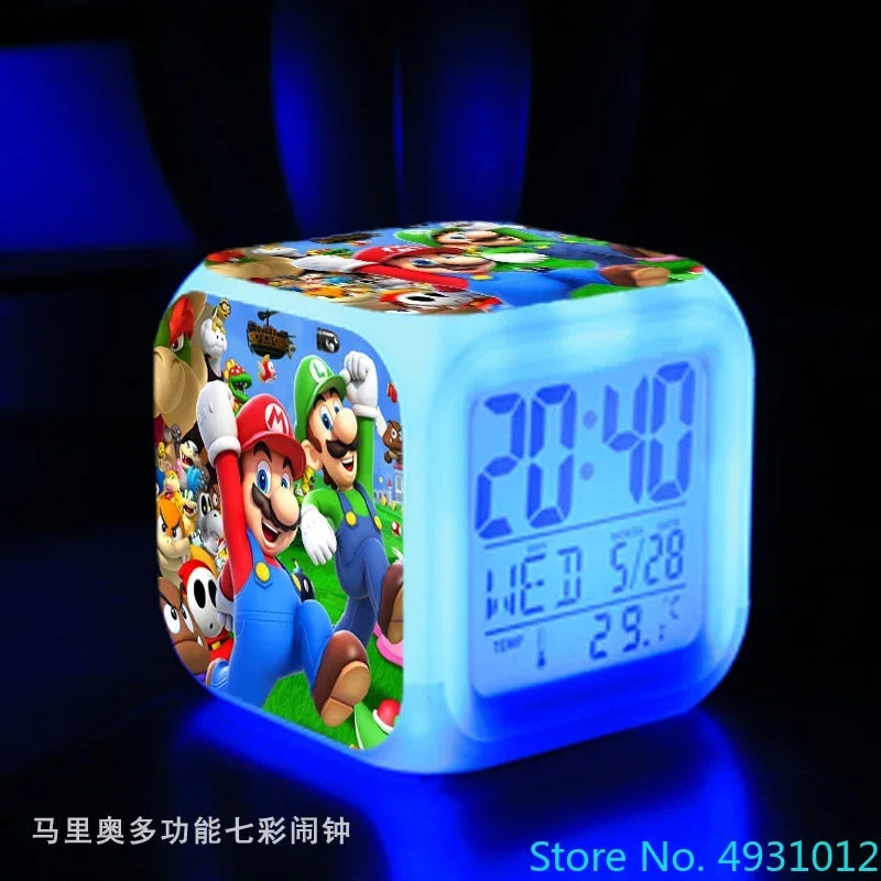 Anime Sonic & Mario Bros Figure Model LED Alarm Clock: 7-Color Touch Light Desk Clock
