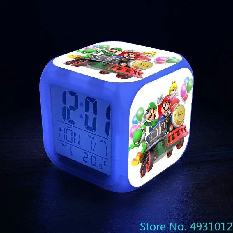 Anime Sonic & Mario Bros Figure Model LED Alarm Clock: 7-Color Touch Light Desk Clock