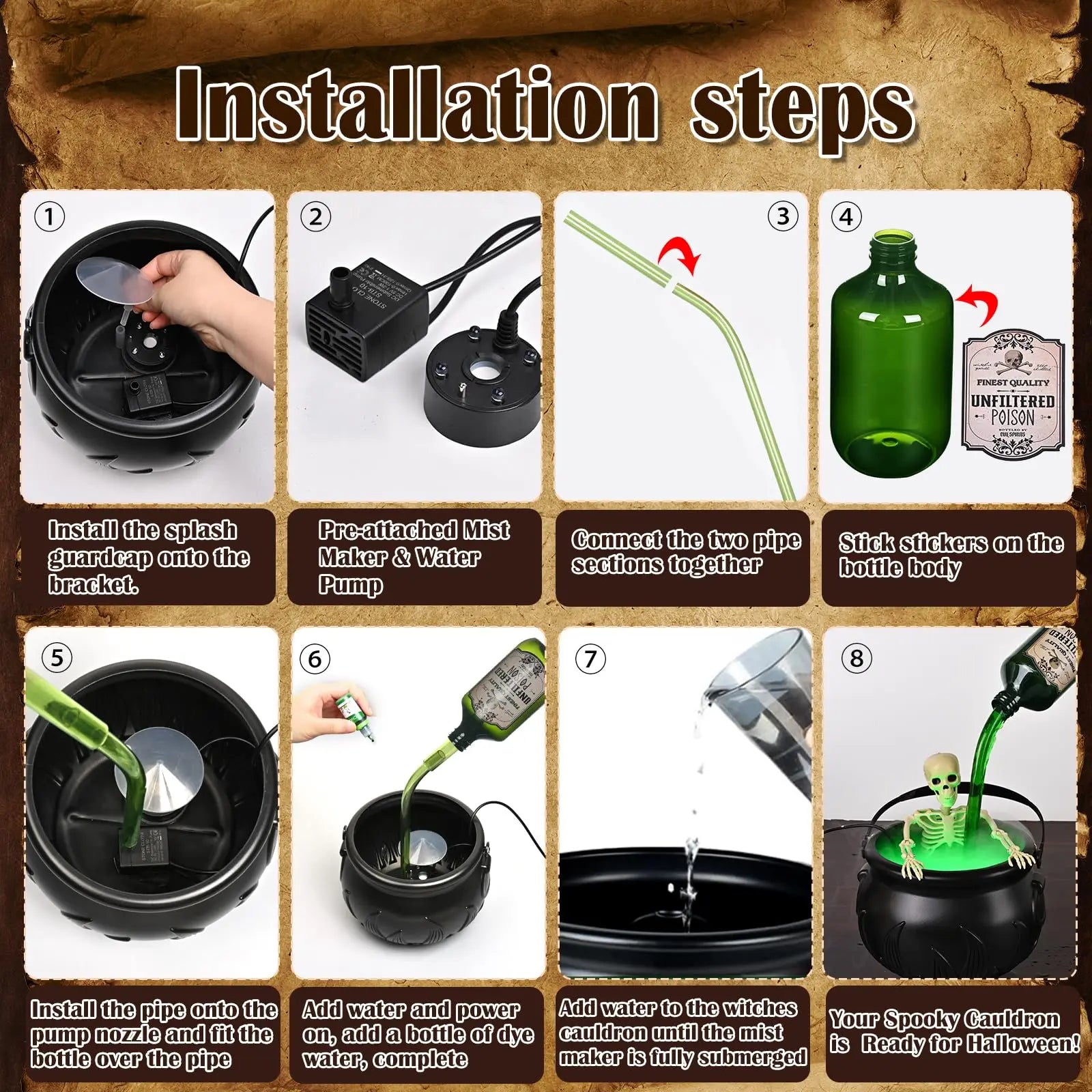 Cauldron Halloween Decorations with Magic Floating Potion Bottles and Diffuser