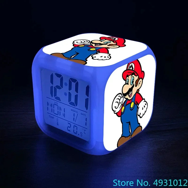 Anime Sonic & Mario Bros Figure Model LED Alarm Clock: 7-Color Touch Light Desk Clock