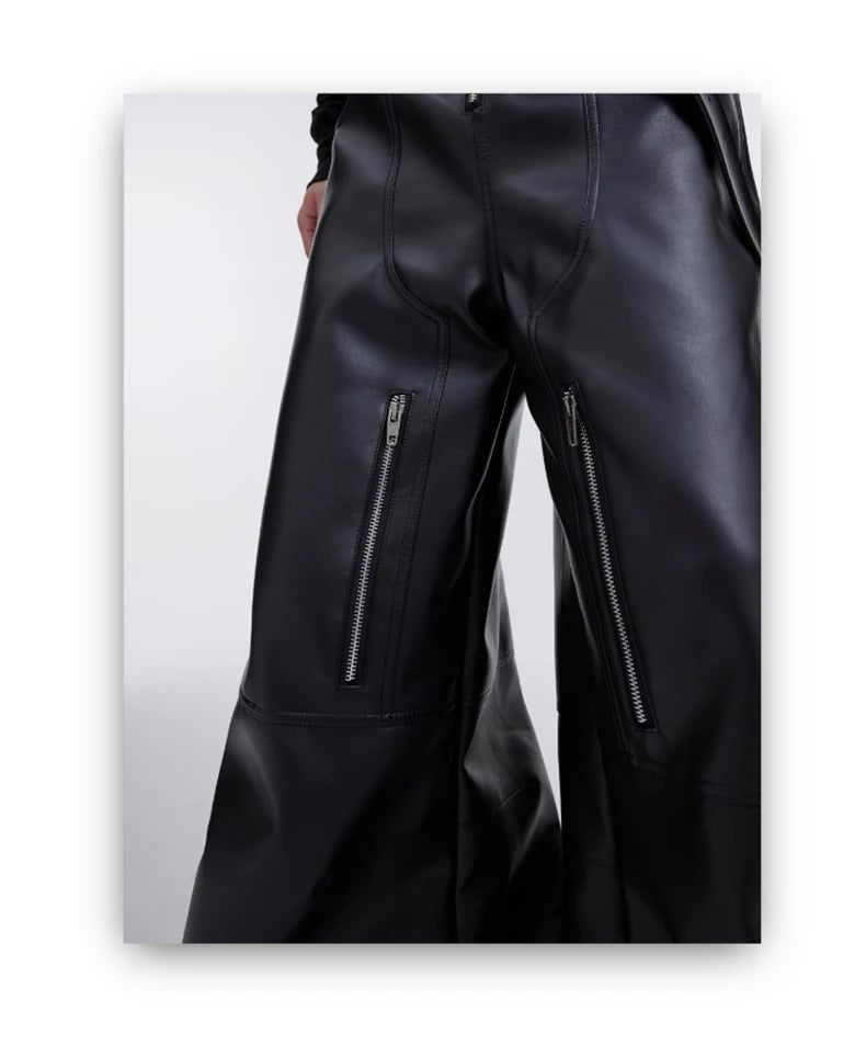 Mauroicardi Autumn Long Black Baggy PU Leather Cargo Pants for Men - Wide Leg, Three-Dimensional Pockets, Luxury Designer Clothing