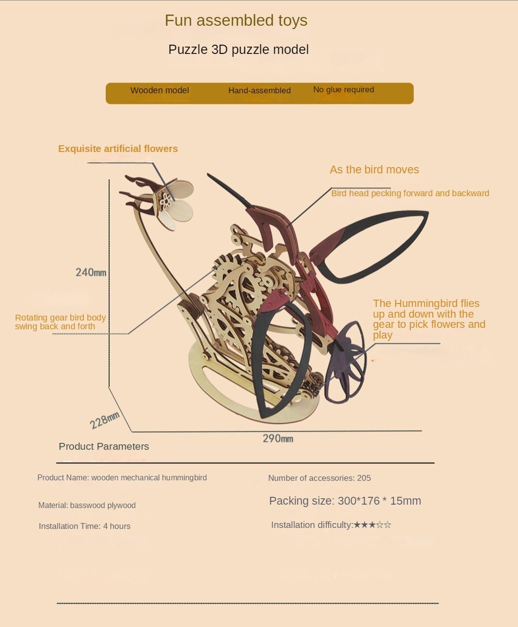 GiftsBite Store Mechanical Hummingbird 3D Wooden Puzzle 1005004141454683-Hummingbird